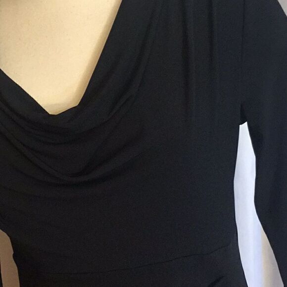 Black 3/4 sleeve dress w/ cowl neck, side pleats - Picture 6 of 12
